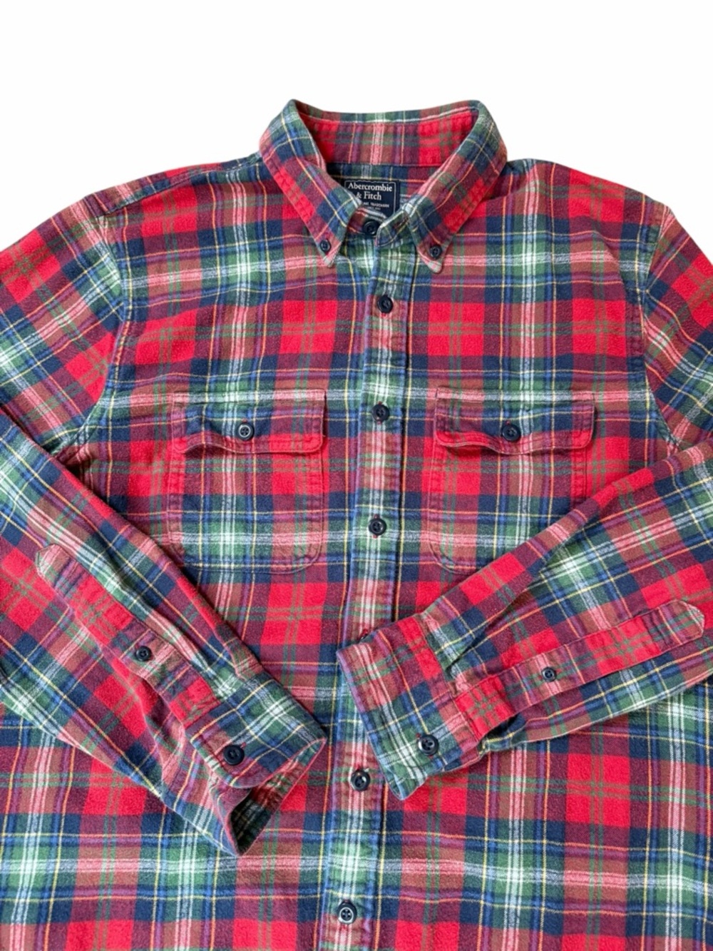 Abercrombie & Fitch Men’s Red and Green Plaid Button-Down Flannel Shirt - Picture 2 of 5